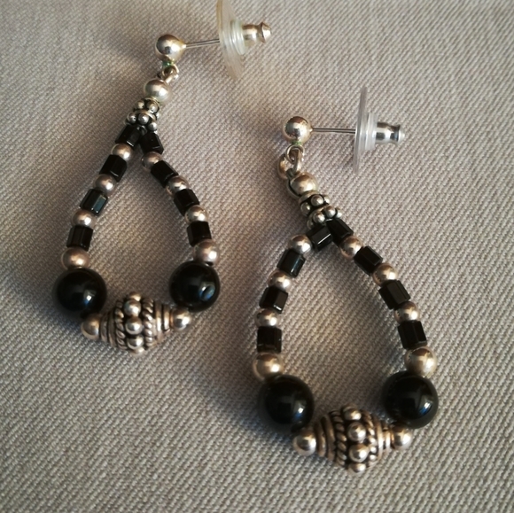 Black Onyx & Silver Bead Loop Earrings - Picture 1 of 4